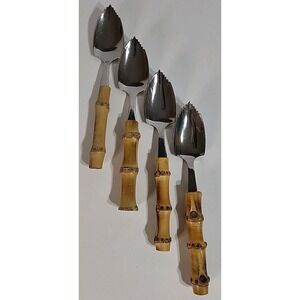 Vintage  Stainless Serated Spoons Grapefruit Bamboo Handles MCM Japan Retro Tiki